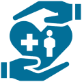 Blue heart with medical symbols and hands.