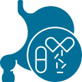 Stomach with pills and broken capsule illustration.
