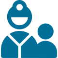 Doctor and patient icon in blue color.